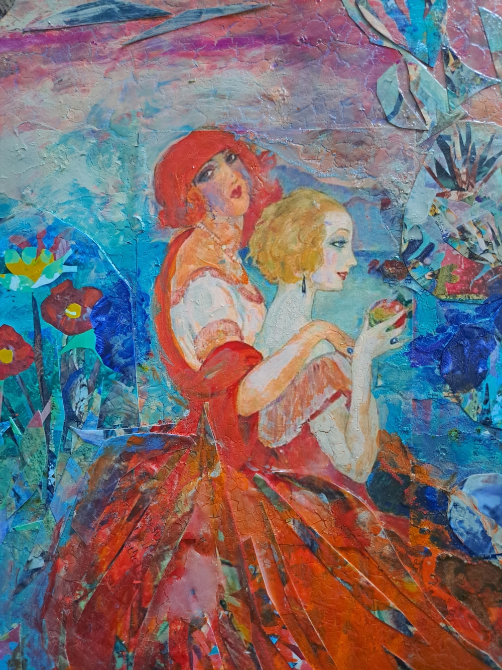 12x16 framed original art mixed media collage artwork features two women in vint
